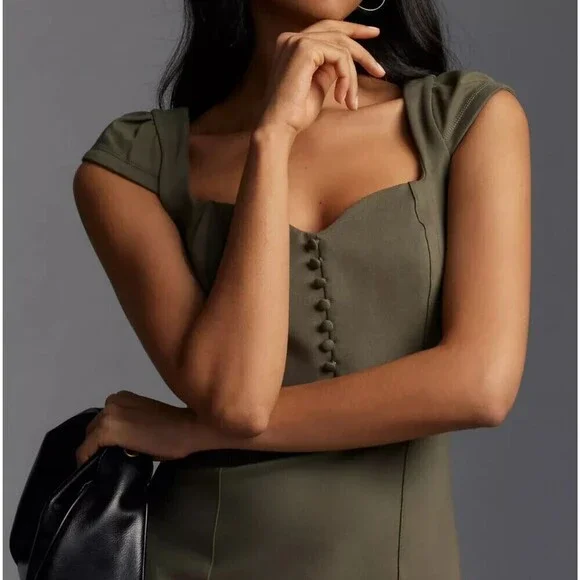 Anthropologie Cecily Dress XS Olive Green Button Front Fit Flare Midi Cap Sleeve - Picture 3 of 13